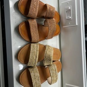 Nude color woven strap sandals.